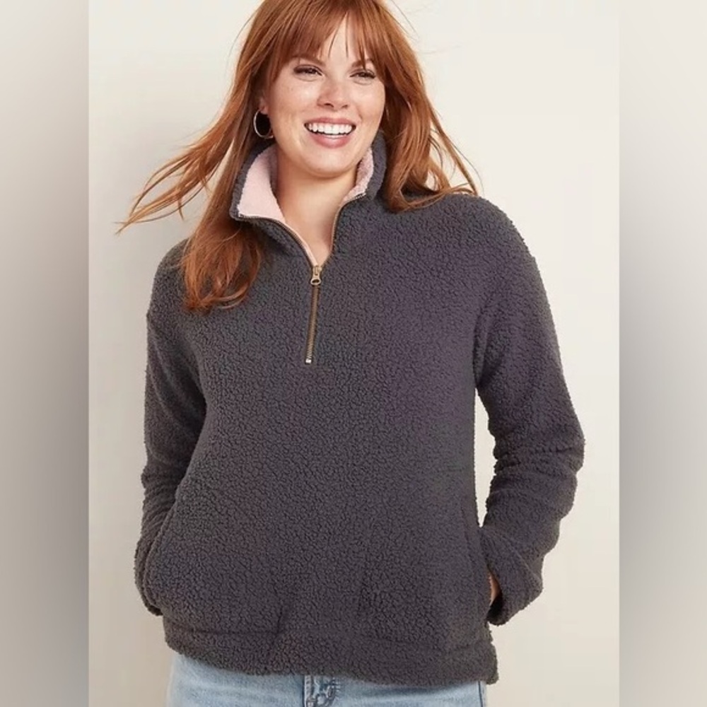 NEW Old Navy gray Sherpa 1/4 zip pullover Sweater